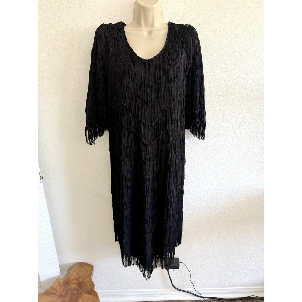 Vintage 80s Fully Fringe Dress Black Sz XL Flapper Knee Length Art Deco Cocktail
